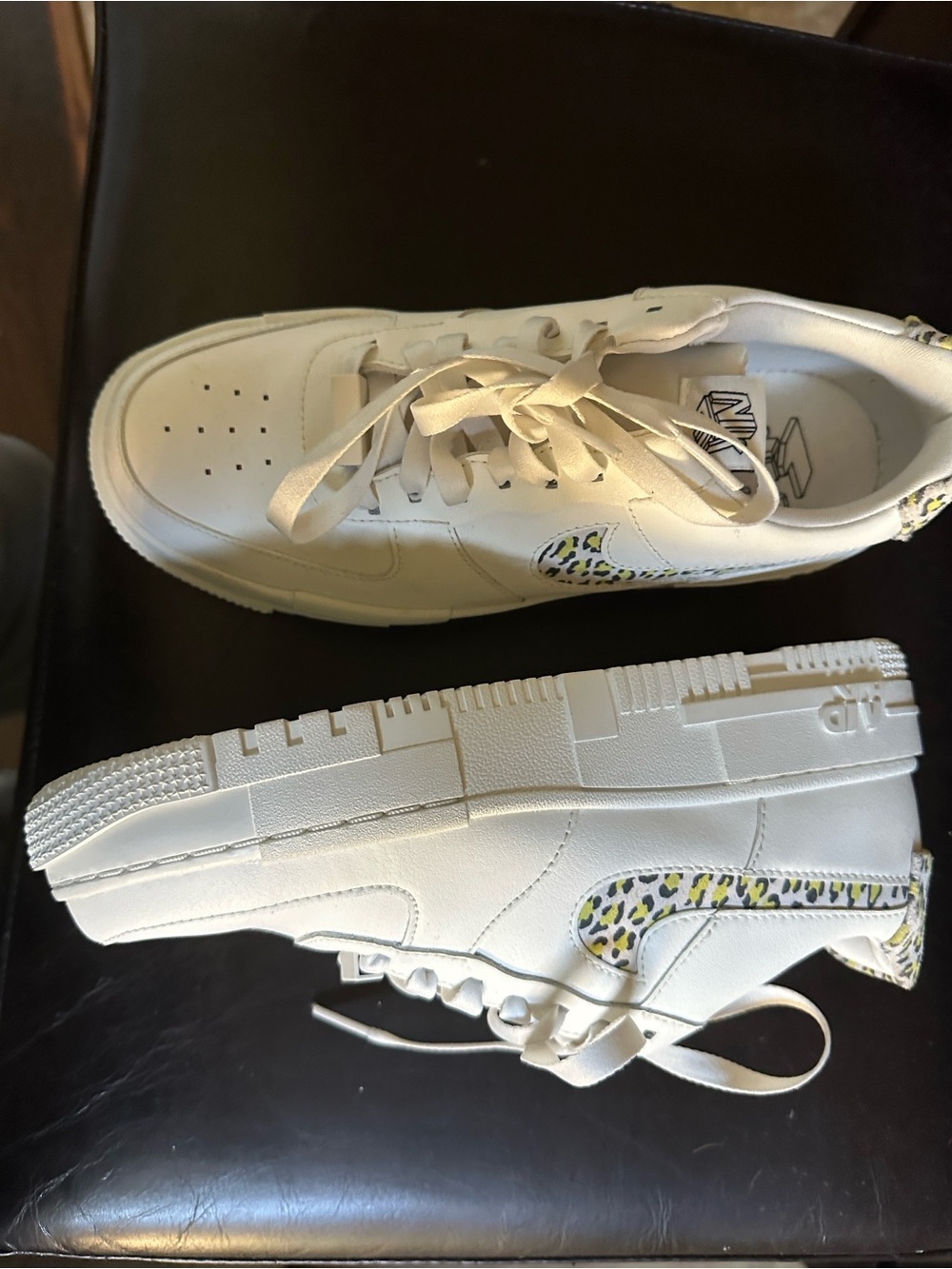 Nike Women's White Sneakers with Yellow Leopard Swoosh